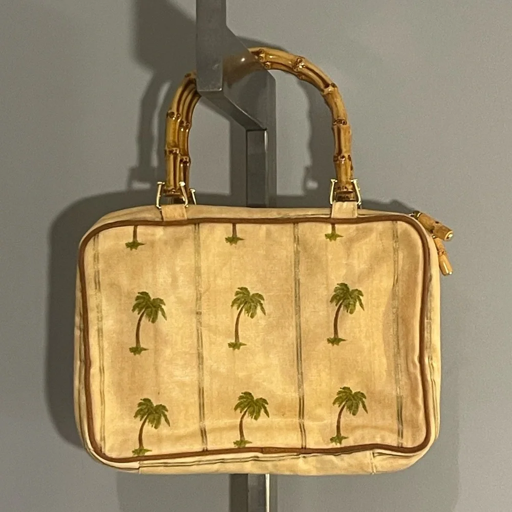 Celebrity palm tree make up cosmetic bag with faux wood straps vintage looking